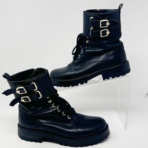 VERSACE COLLECTION | Black & Gold Double Buckle Combat Moto Boots Women’s 37 (7)